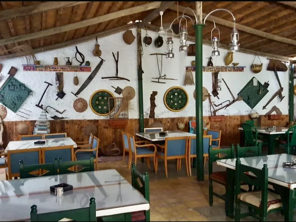 Restaurant Essofra, Djerba interiors. The colours are very bright and in hues of browns, yellows and greens.