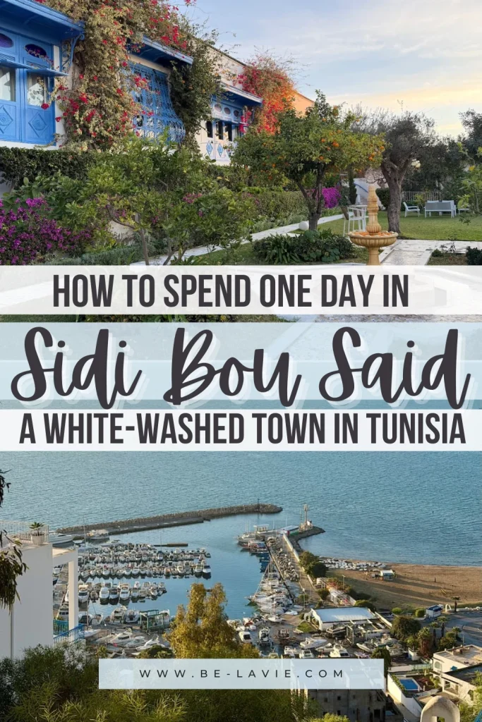 Sidi Bou Said Pinterest Pin with 2 images overlaid with text.1. Text reads, How to spend on day in Sidi Bou Said, A white-washed town in Tunisia