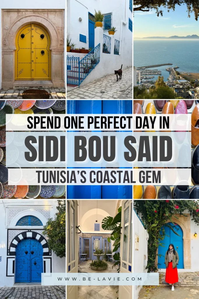 Sidi Bou Said Pinterest Pin with 9 images overlaid with text. The text reads, Spend one perfect day in Sidi Bou Said, Tunisia's coastal gem