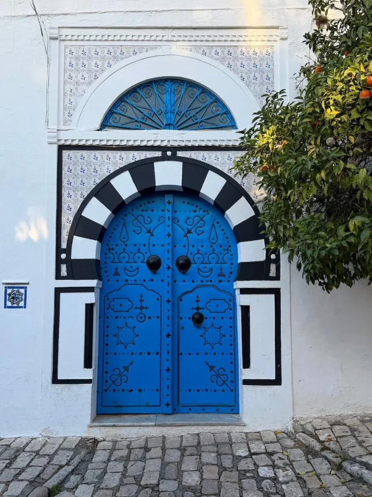 A blue studded door with a black and white striped semi-circle top and some orange trees poking through into the image, Sidi Bou Said, Tunisia