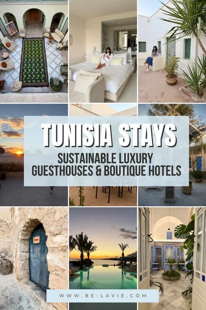 Sustainable Boutique Hotels Pinterest Pin with 9 images overlaid with text. Text reads, Tunisia stays, sustainable luxury guesthouses & boutique hotels