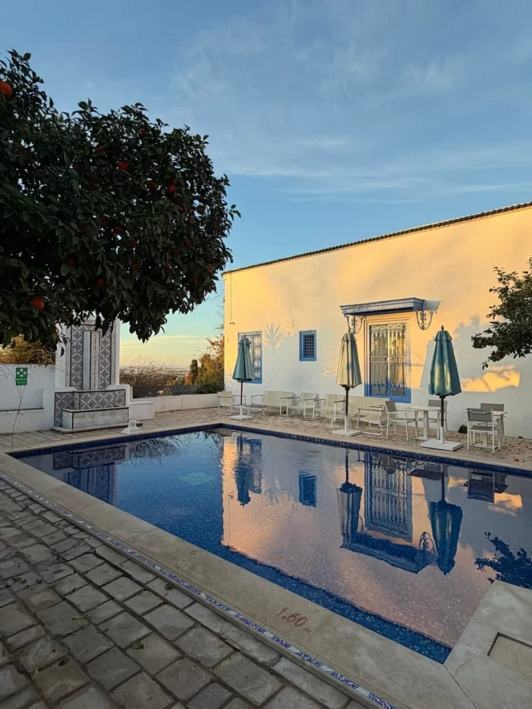 Swimming pool at Dar Said, Tunisia at sunrise with trees and a reflection of the building in the water