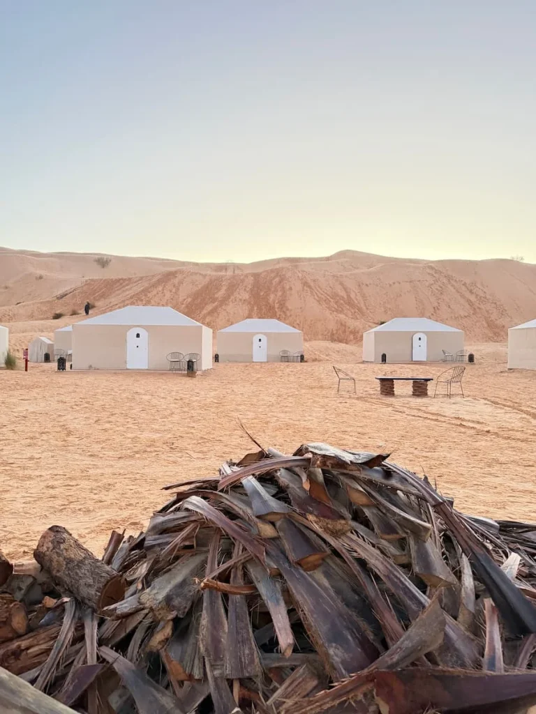 White Tents scattered at Camp Abdelmoula, Tunisia with the desert backdrop and framed by plant foliage