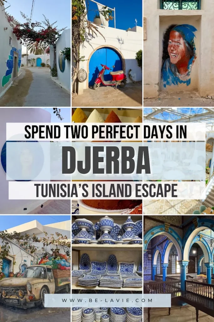 Things to do in Djerba Pinterest Pin with 9 images overlaid with text. The text reads, 'spend two perfect days in Djerba, Tunisia's island escape'