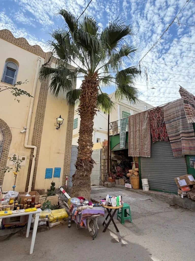 A typical scene in Tozeur Medina. there is a big palm tree in the middle with fruits and handicraft stalls surrounding it