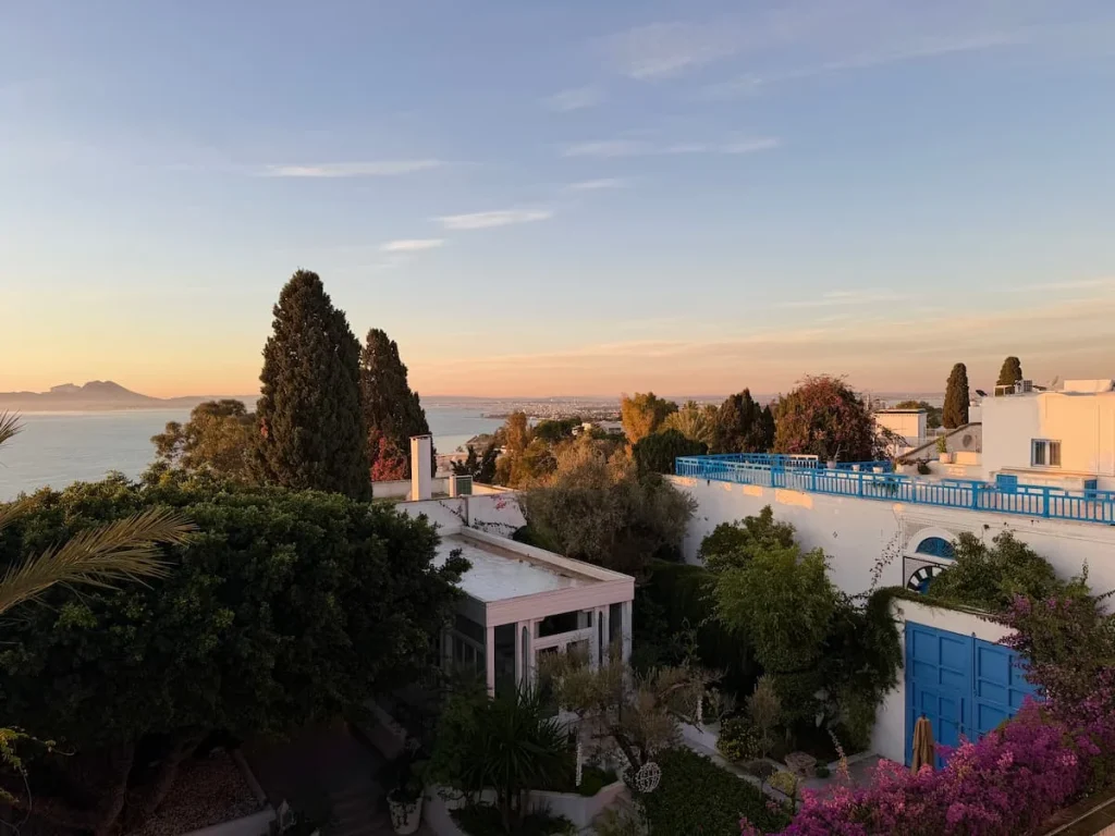 View from Dar Said, of the sunset over the whitewashed and blue door town of Sidi Bou Said, Tunisia