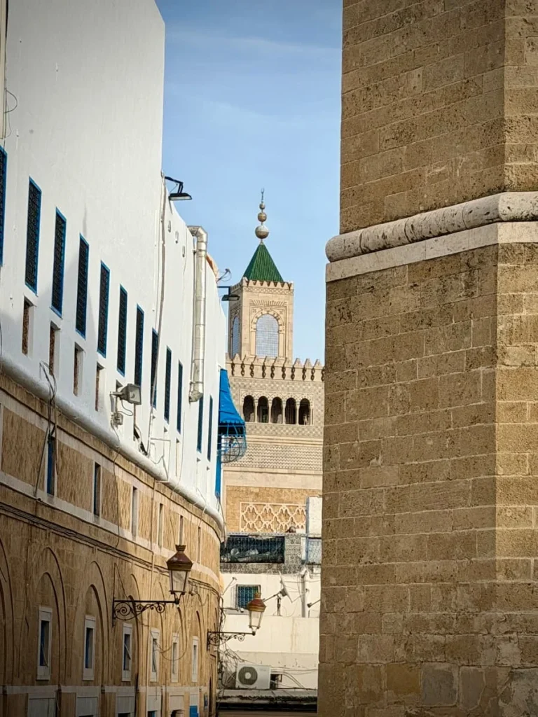 Luxury 14 day Tunisia itinerary Minuret of Tunis Medina, Tunisia. The Minuret is sandwiched between two buildings and has a black wind pane at the top