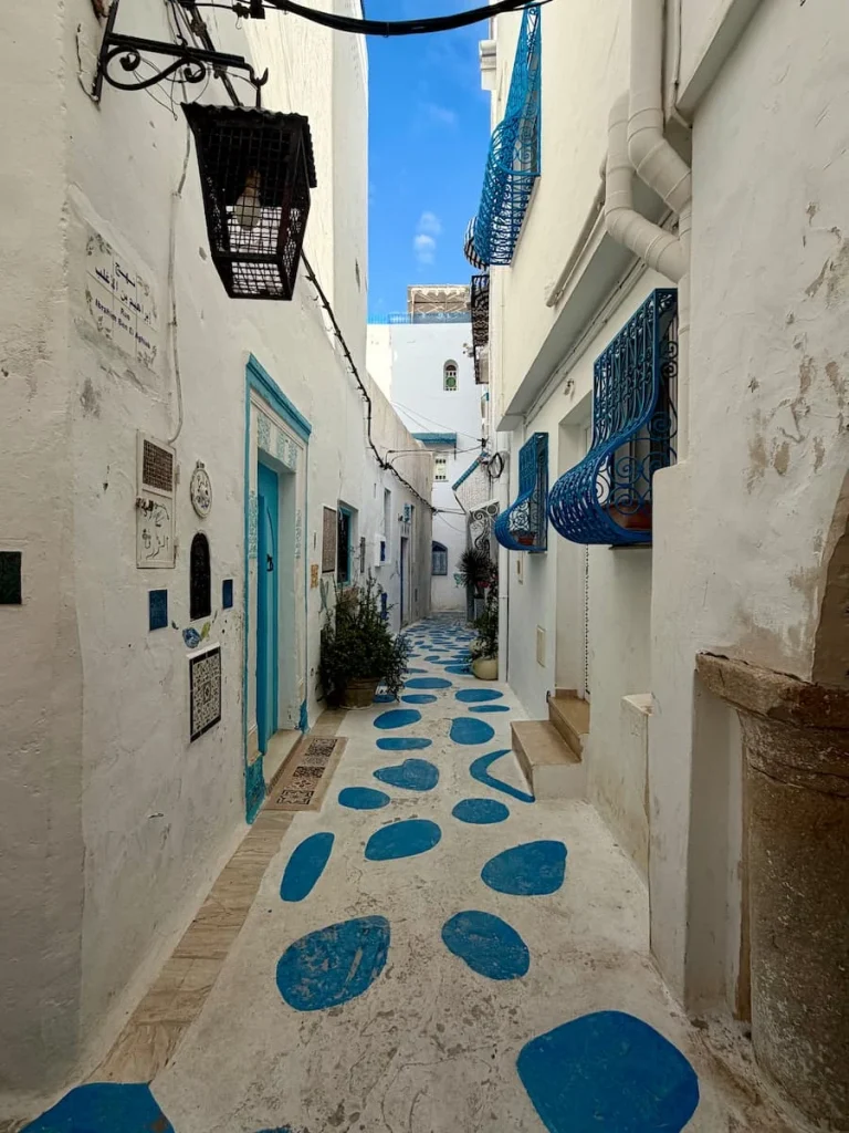 Hammamet Medina alleyway with blue and white floor and blue grid windows and doors