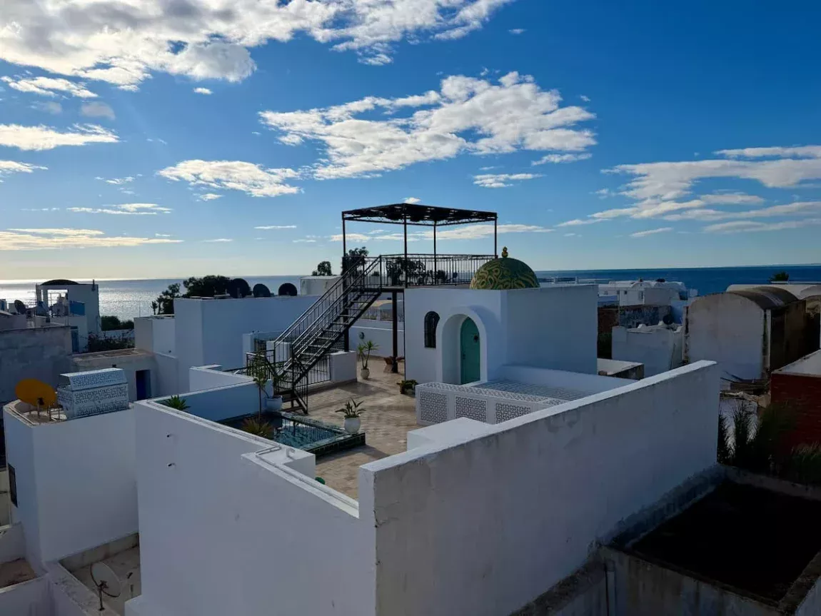 Medina view from Khadija Museum, Hammamet. You can see above all the rooftops in the white washed Medina and also out to the Mediterranean sea