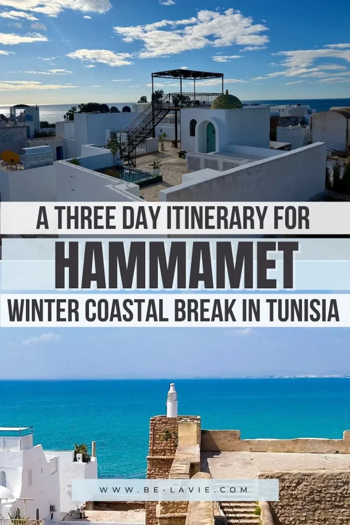 Things to do in Hammamet in Winter Pinterest Pin with 2 images overlayed with text. Text reads, A tree dat itinerary for Hammamet. Winter coastal break in Tunisia