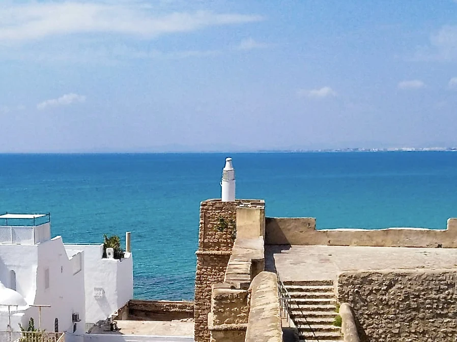 Views from Hammamet Kasbah of the bright blue mediterranean sea