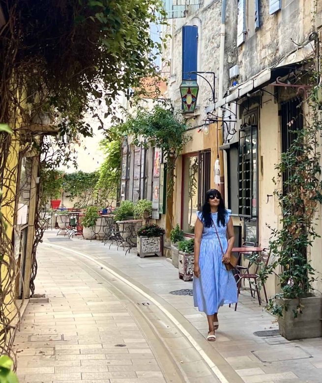 Bejal walking down lane in St-Remy-de-Provence